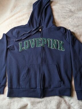PINK Victoria's Secret Navy Zip-Up Hoodie with Green Chenille Logo
